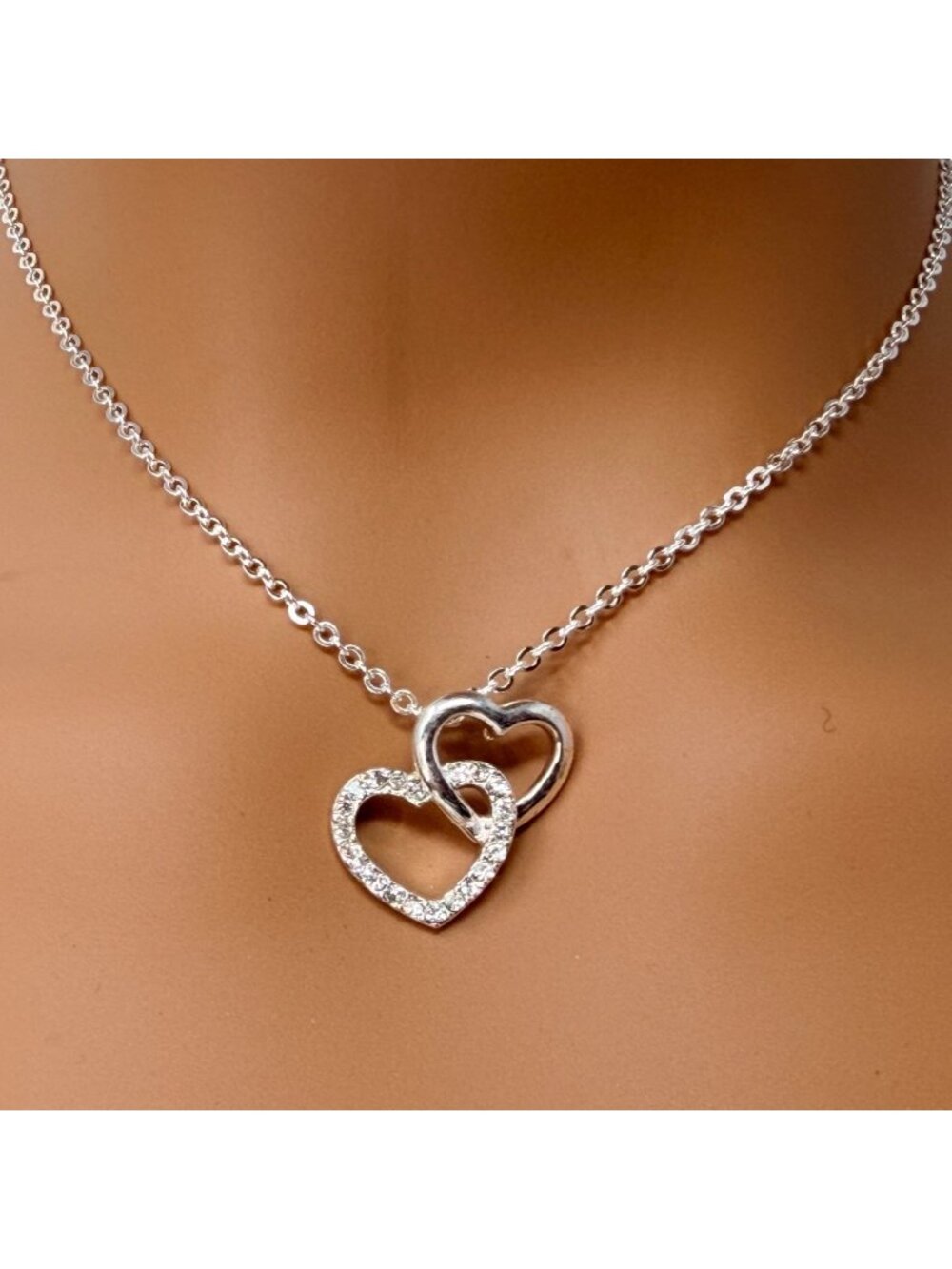 Vintage Double Heart Necklace Made with Swarovski Crystal Sterling Overlay Y2K - Picture 4 of 8